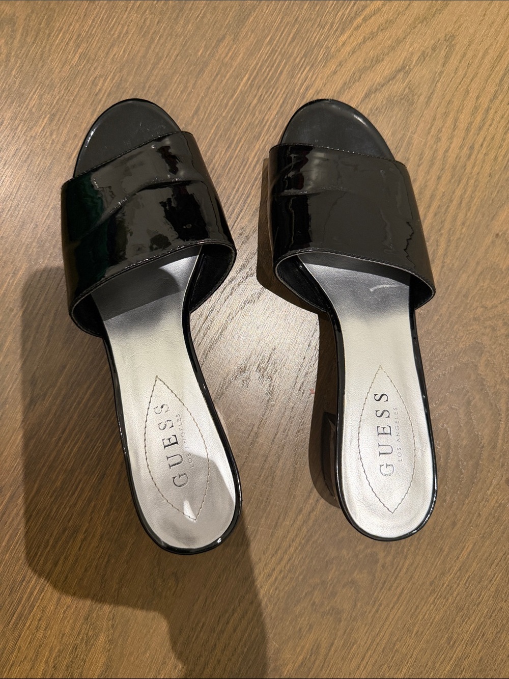 GUESS Black Patent Slide Mules with Low Block Heel